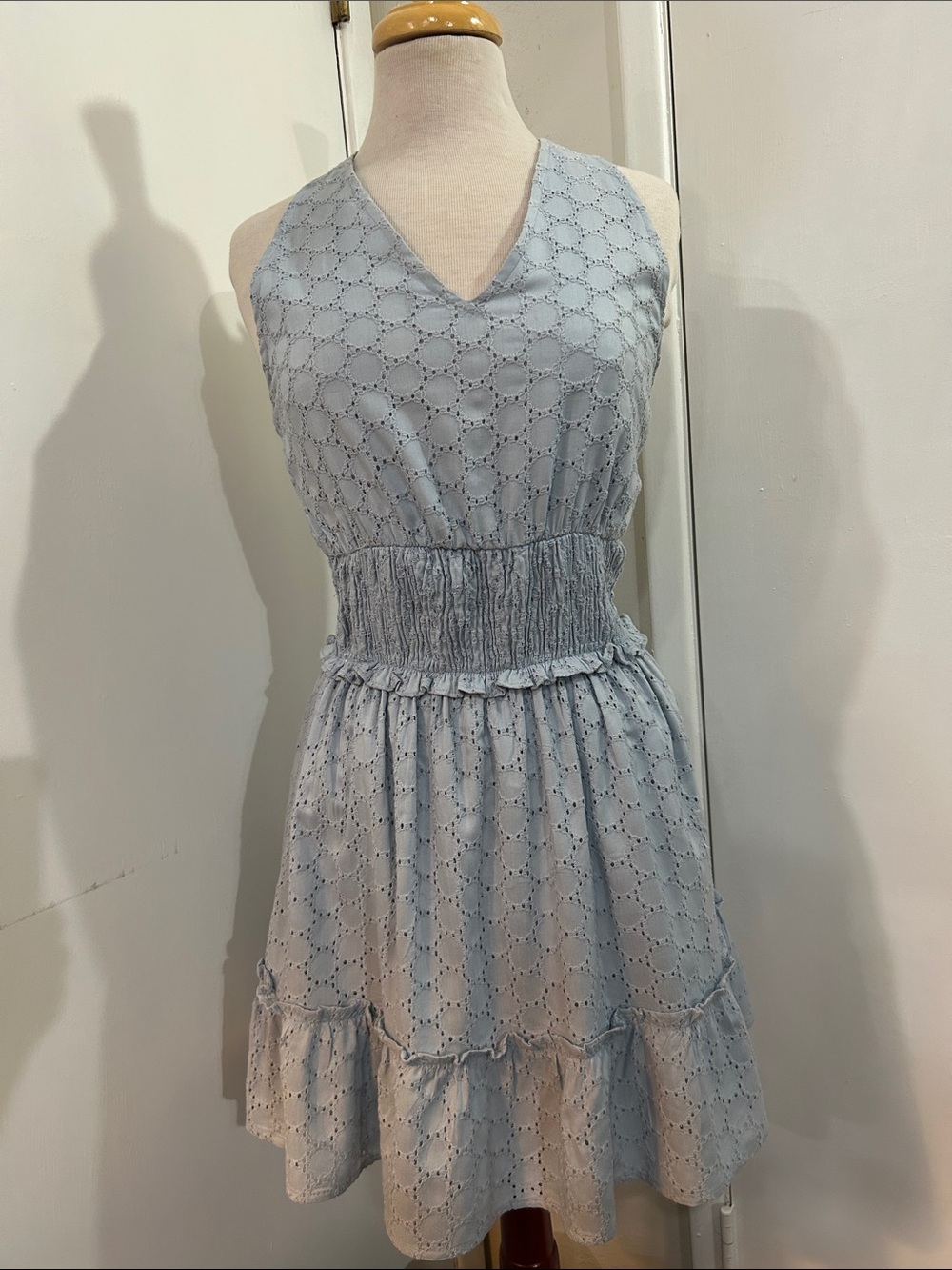 Jessica Simpson Light Blue Eyelet V-Neck Mini Dress
